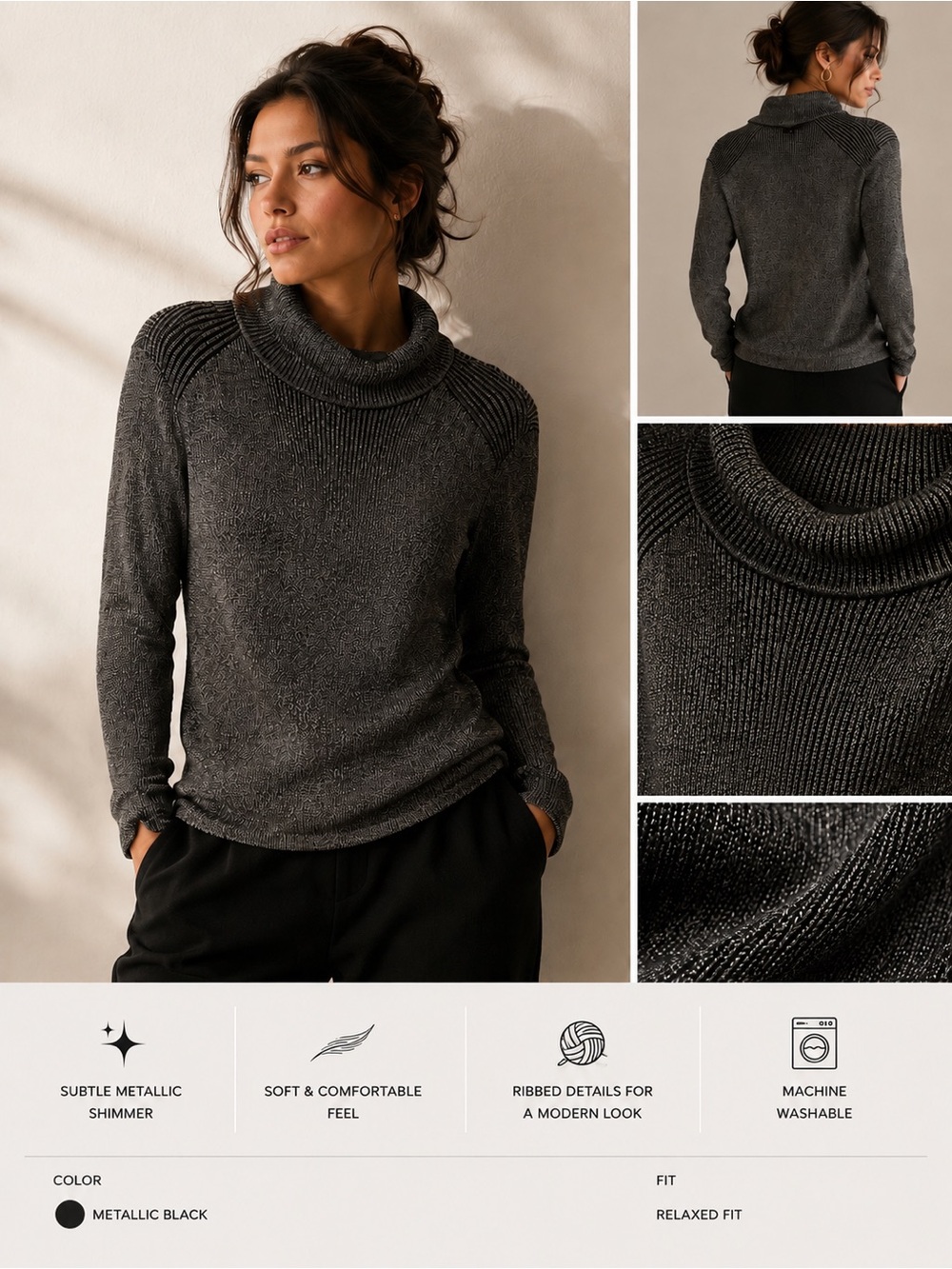 Alex Marie Metallic Black Gold Shimmer Turtleneck Sweater XL NWT